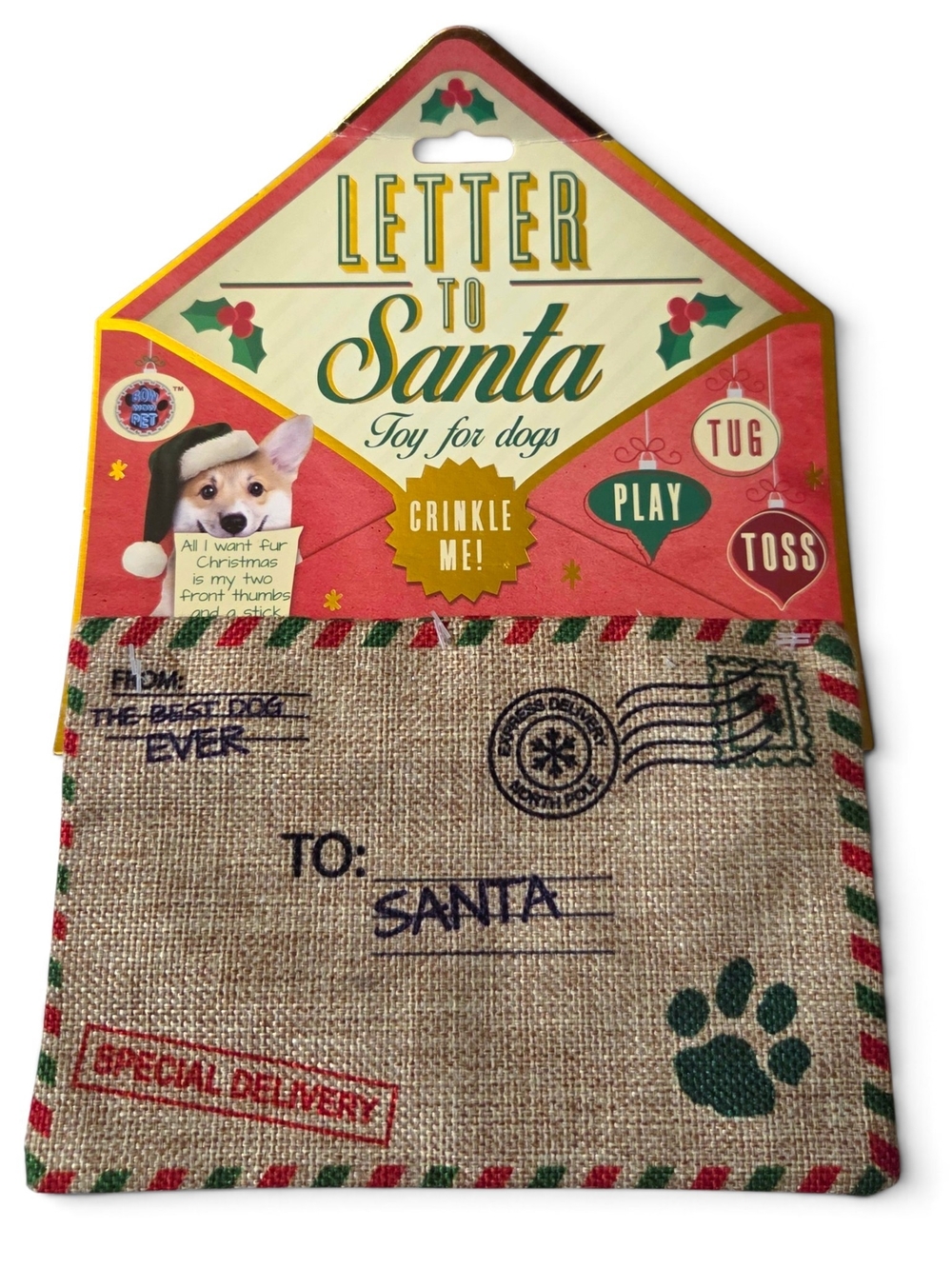 Bow-Wow Pet "Letter to Santa" Christmas Crinkle Dog Toy